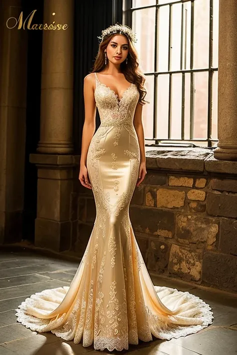 ((best quality:1.2)), ((masterpiece)), (detailed:1.2), 25 year old girl, proportional body and breasts, Slim Fit Mermaid Long Tail Gold Lace Flower Wedding Bridal Gown Evening Dress, (smile:0.8), night, mystical fireflies around her, moonbeams,