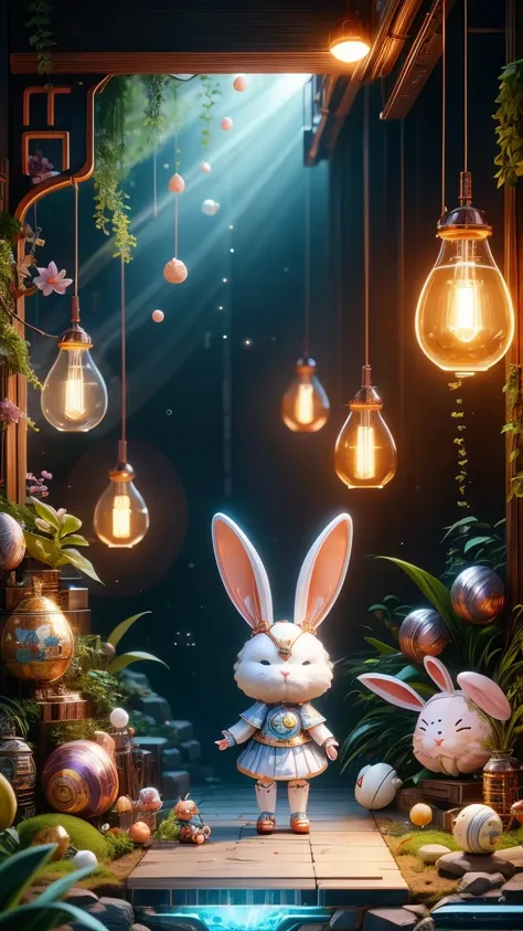 pixar style, (blind box toy style:1.2), cute mechanical rabbit wearing clothes，透明发light，霓虹灯light，high precision mechanical parts...