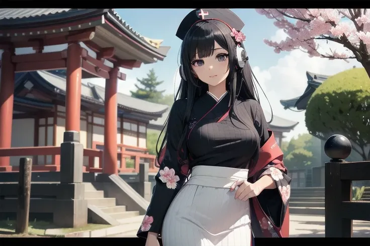 1girl, anime, black eyes, long black hair with square bangs, very long black hair, super long black hair, skirt and stockings, heels, black Japanese style kimono mixed with ribbed black sweater with red accents and sakura floral design, ((ribbed black swea...