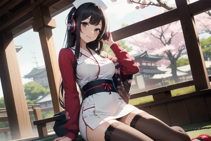 1girl, anime, black eyes, long black hair with square bangs, very long black hair, super long black hair, skirt and stockings, heels, black Japanese style kimono mixed with ribbed black sweater with red accents and sakura floral design, ((ribbed black swea...