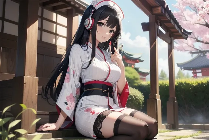 1girl, anime, black eyes, long black hair with square bangs, very long black hair, super long black hair, skirt and stockings, heels, black Japanese style kimono mixed with ribbed black sweater with red accents and sakura floral design, ((ribbed black swea...