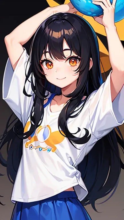 highest quality、Midsummer、black hair、long hair、orange eyes、Forehead is coming out、White big t-shirt、blue skirt、slouch、smile、Front facing、upward glance