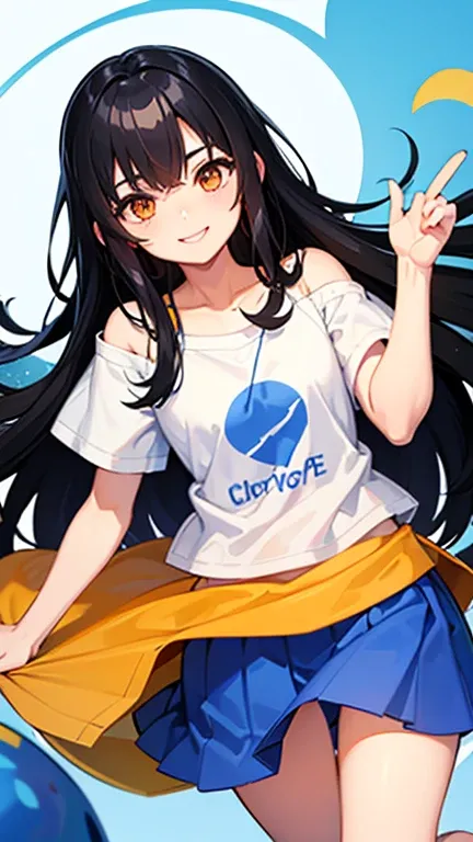 highest quality、Midsummer、black hair、long hair、orange eyes、Forehead is coming out、White big t-shirt、blue skirt、slouch、smile、Front facing、upward glance