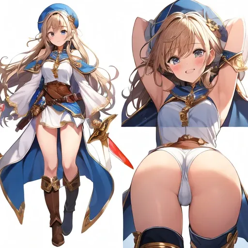 masterpiece, best quality, cute eyes, high fantasy outfits, solo,  ((white background)), full body, multiple views, boots, sword, sex, pussy, m legs, cowgirl position 