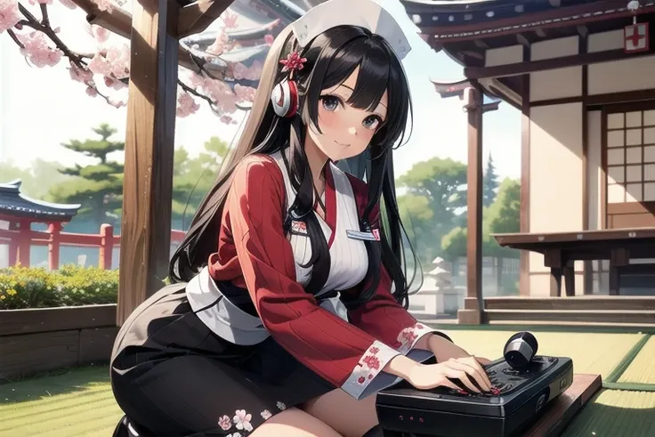 1girl, anime, black eyes, long black hair with square bangs, very long black hair, super long black hair, skirt and stockings, heels, black Japanese style kimono mixed with ribbed black sweater with red accents and sakura floral design, ((ribbed black swea...