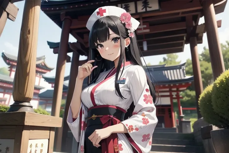 1girl, anime, black eyes, long black hair with square bangs, very long black hair, super long black hair, skirt and stockings, heels, black Japanese style kimono mixed with ribbed black sweater with red accents and sakura floral design, ((ribbed black swea...