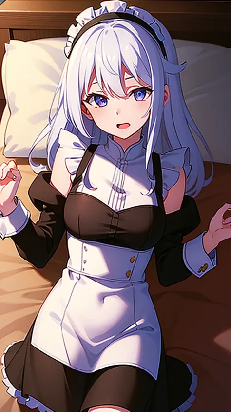 masterpiece, best quality, 1 solo girl, white hair, purple eyes, long hair, medium breasts, sexy body and face, wavy hair, sleeveless maid outfit, floral headdress, black thigh-high, maid skirt, night sky, cowboy shots, detailed body, face, and eyes, sharp...