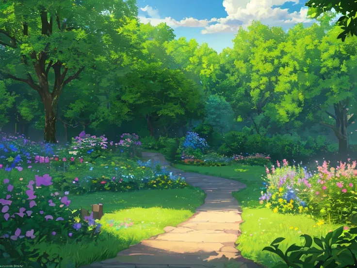 masterpiece, highest quality, (Highly detailed CG Unity 8K wallpaper) (highest quality), (best illustrations), (best shadow) garden,wood,trail,Lush green grassland,nature,delicate leaves、Flowers of different colors, blue sky and clouds,Super detailed--v6