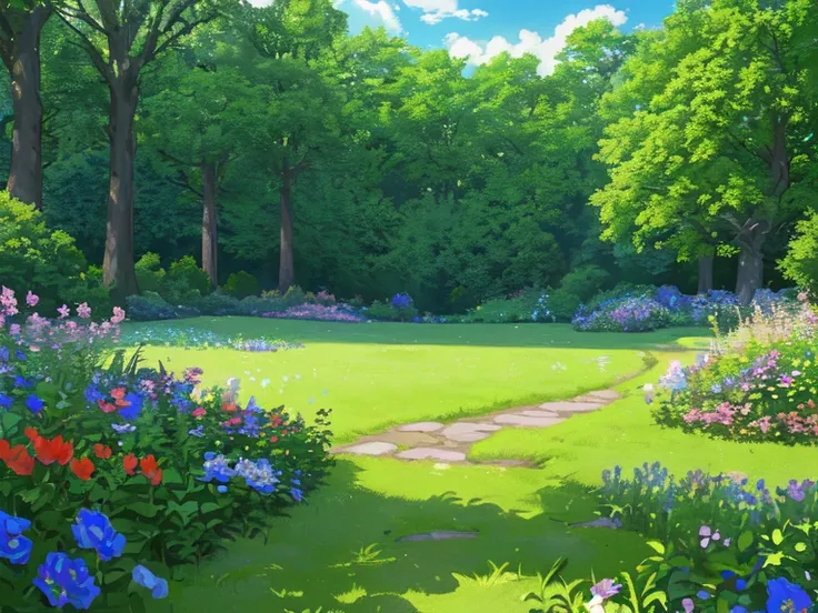 masterpiece, highest quality, (Highly detailed CG Unity 8K wallpaper) (highest quality), (best illustrations), (best shadow) garden,wood,trail,Lush green grassland,nature,delicate leaves、Flowers of different colors, blue sky and clouds,Super detailed--v6