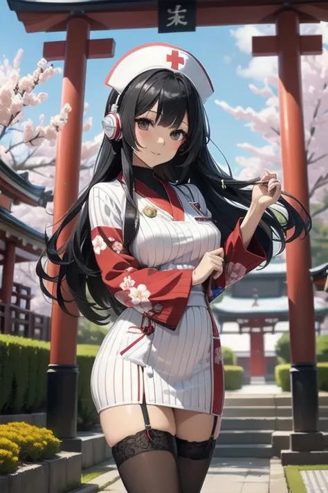 1girl, anime, black eyes, long black hair with square bangs, very long black hair, super long black hair, skirt and stockings, heels, black Japanese style kimono mixed with ribbed black sweater with red accents and sakura floral design, ((ribbed black swea...