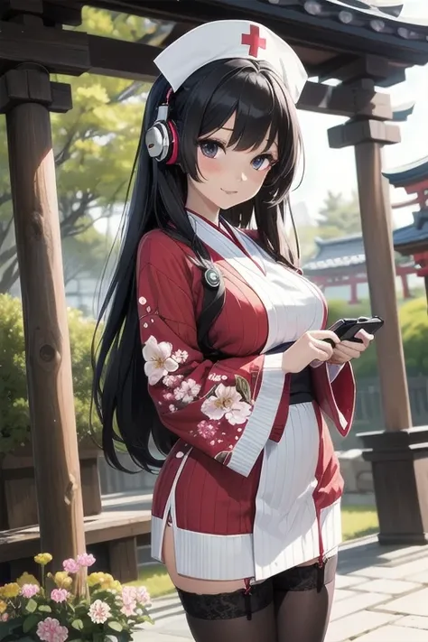 1girl, anime, black eyes, long black hair with square bangs, very long black hair, super long black hair, skirt and stockings, heels, black Japanese style kimono mixed with ribbed black sweater with red accents and sakura floral design, ((ribbed black swea...