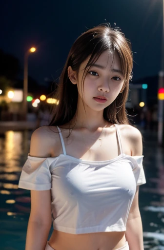 short tshirt，（Cinematic tones）white t-shirt（Wet clothes：1.9）,（Get wet all over your body：1.9）not wearing bra,Top image quality, tmasterpiece, ultra high resolution, （Fidelity：1.4）, photore,deluge, stunningly beautiful woman, （Sorrow）, white  shirt, dim mur...