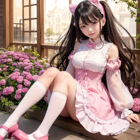 best quality, masterpiece, lifelike, 1 girl, alone, eternal, black hair, Long curly hair, blunt bangs, Smile, pink skirt, pink lolita dress, layered skirt, Lolita style long skirt,分層連衣裙 lace-trimmed 裙子, decorate, lace, long sleeve, puff sleeves, wide sleev...