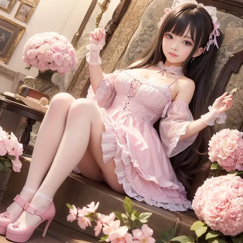 best quality, masterpiece, lifelike, 1 girl, alone, eternal, black hair, Long curly hair, blunt bangs, Smile, pink skirt, pink lolita dress, layered skirt, Lolita style long skirt,分層連衣裙 lace-trimmed 裙子, decorate, lace, long sleeve, puff sleeves, wide sleev...