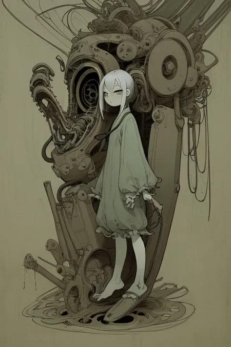 ((girl tied to a machine)), scribble, nightmare, doll-like face, cartoon style, rough sketch, , (masterpiece), (High resolution), (super delicate), (clear), Comic book style illustrations,(Horror elements), Japanese painting illustration, full body,(snap s...