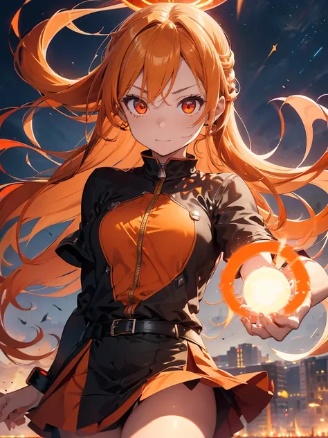 A fire goddess, Portrait, (blonde hair gradient orange hair end:1.6), (streaked glowing bright red hair:1.6), split long ponytail, hair strand, floating hair, (two huge red bells tied to ponytail), (Illusion red eyes), pupils sparkling, aqua eyes, (((orang...