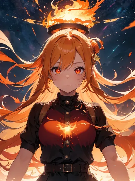 A fire goddess, Portrait, (blonde hair gradient orange hair end:1.6), (streaked glowing bright red hair:1.6), split long ponytail, hair strand, floating hair, (two huge red bells tied to ponytail), (Illusion red eyes), pupils sparkling, aqua eyes, (((orang...