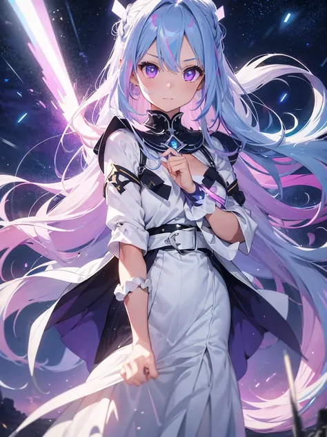 a goddess of light, (Silver blue hair streaked pink purple:1.4), (Gradient sky blue hair ends:1.6), hair strand, absurdly long hair, single sidelock, wavy hair, shiny hair, floating hair, (glowing Illusion deep purple eyes), delicate eyes, aqua eyes, High ...