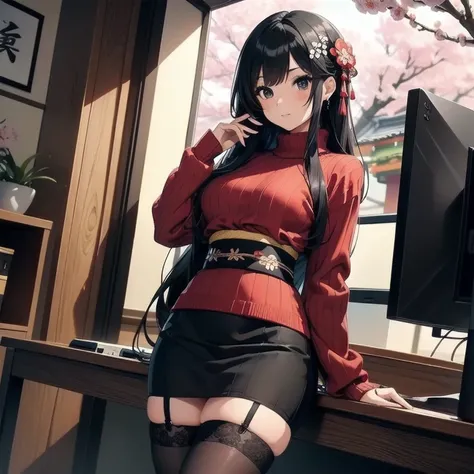 1girl, anime, black eyes, long black hair with square bangs, very long black hair, super long black hair, skirt and stockings, heels, black Japanese style kimono mixed with ribbed black sweater with red accents and sakura floral design, ((ribbed black swea...