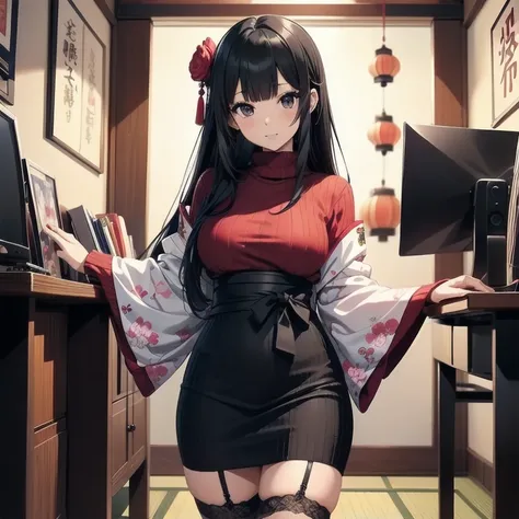 1girl, anime, black eyes, long black hair with square bangs, very long black hair, super long black hair, skirt and stockings, heels, black Japanese style kimono mixed with ribbed black sweater with red accents and sakura floral design, ((ribbed black swea...