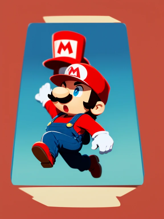 
"LEE LEMON" Closeup of cute chibi Mario, wearing his iconic red hat with the white "M" on it and blue overalls. His mustache is visible in front view. The background has the Super Mario Bros world in a simple cartoon style. It is vector art with flat colo...