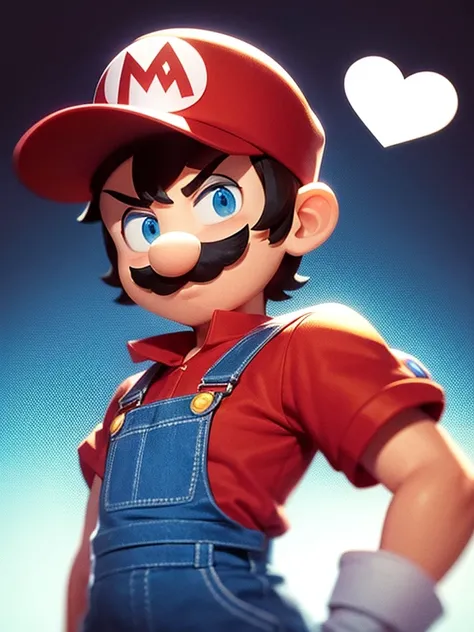 
"LEE LEMON" Closeup of cute chibi Mario, wearing his iconic red hat with the white "M" on it and blue overalls. His mustache is visible in front view. The background has the Super Mario Bros world in a simple cartoon style. It is vector art with flat colo...