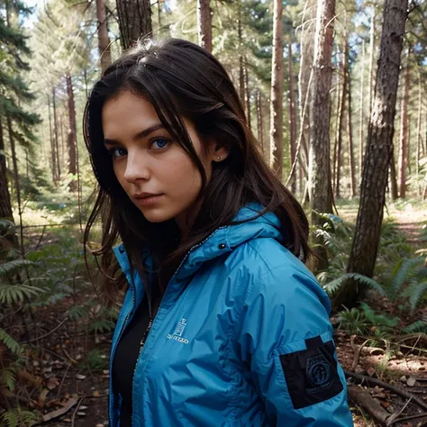 Mujer en un bosque con cabello rubio, blue eyes and blue tactical jacket 