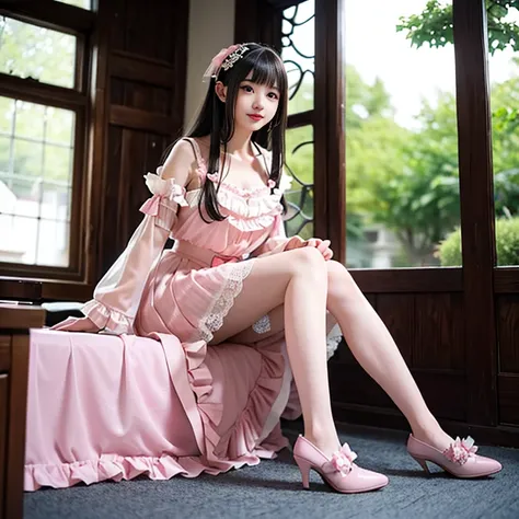 best quality, masterpiece, lifelike, 1 girl, alone, eternal, black hair, Long curly hair, blunt bangs, Smile, pink skirt, pink lolita dress, layered skirt, Lolita style long skirt,分層連衣裙 lace-trimmed 裙子, decorate, lace, long sleeve, puff sleeves, wide sleev...