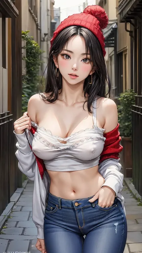 NSFW,(masterpiece:1.3, highest quality, ultra high resolution, super detailed), (realistic, photorealistic:1.4)(highest quality, masterpiece:1.2), perfect body, slim waist, nice chest, (Off-the-shoulder printed sweatshirt,Woman lifting her shirt to show he...