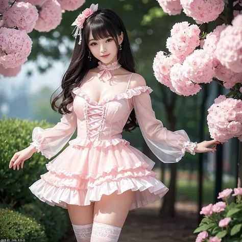 best quality, masterpiece, lifelike, 1 girl, alone, eternal, black hair, Long curly hair, blunt bangs, Smile, pink skirt, pink lolita dress, layered skirt, Lolita style long skirt,分層連衣裙 lace-trimmed 裙子, decorate, lace, long sleeve, puff sleeves, wide sleev...