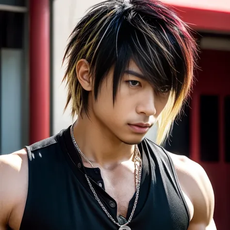 1 man, Japanese man, male, Asian eyes, muscular, broad shoulders, dragon,hairstyle Visual Kei style, hair Visual Kei, black mens shirt and black pants, ultra detailed face, hyperrealistic, realistic representation, long hair, long hair, 30 years old, age 3...