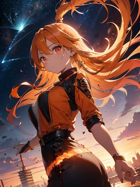 A fire goddess, Portrait, (blonde hair gradient orange hair end:1.6), (streaked glowing bright red hair:1.6), split long ponytail, hair strand, floating hair, (two huge red bells tied to ponytail), (Illusion red eyes), pupils sparkling, aqua eyes, (((orang...