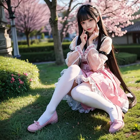 best quality, masterpiece, lifelike, 1 girl, alone, eternal, black hair, Long curly hair, blunt bangs, Smile, pink skirt, pink lolita dress, layered skirt, Lolita style long skirt,分層連衣裙 lace-trimmed 裙子, decorate, lace, long sleeve, puff sleeves, wide sleev...