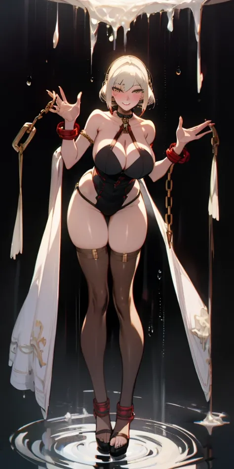 dark fantasy anime illustration of a (mature MILF BIMBO albino skin and short white hair), (FULL BODY) perfect face, wearing tight leather stealth armor, stalking, BIG KNOCKERS CLEAVAGE, lustful smirking smile red blush red cheeks, chain leash, kneeling, s...