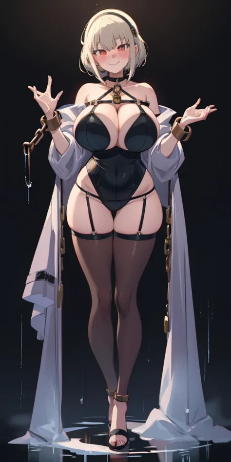 dark fantasy anime illustration of a (mature MILF BIMBO albino skin and short white hair), (FULL BODY) perfect face, wearing tight leather stealth armor, stalking, BIG KNOCKERS CLEAVAGE, lustful smirking smile red blush red cheeks, chain leash, kneeling, s...