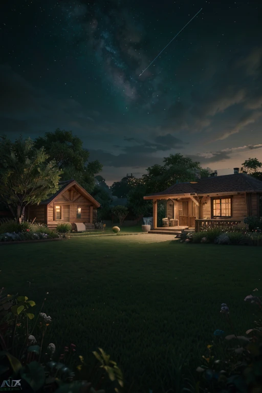 view of a hill, there is a simple wooden house, shady trees at the edge of the house, green grass, at night, in the sky you can see a planet with asteroid rings, a nebula. cinematic, Clockpunk, Gamercore, street level view, Blender rendering, 100mm, colorf...