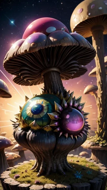 bismuth_texture, cute spiky spherical mysterious creature hiding under a large mushroom