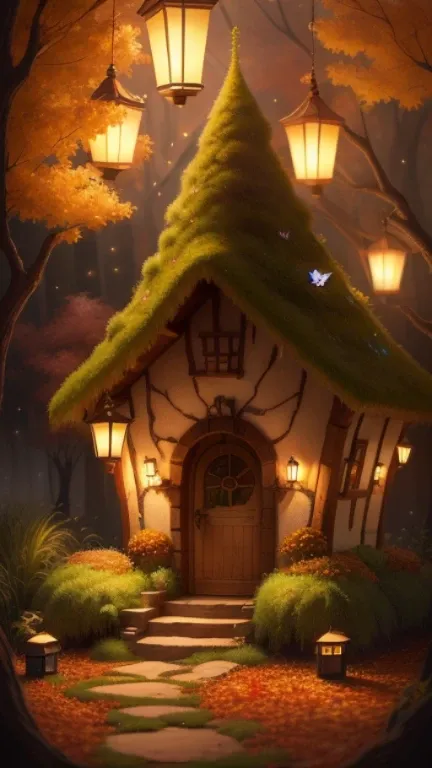 Hobbit-like elf anthill house, In the bushes in autumn, Lanterns hang from the branches, Sparkling butterflies and fireflies, 4K, semi-realistic