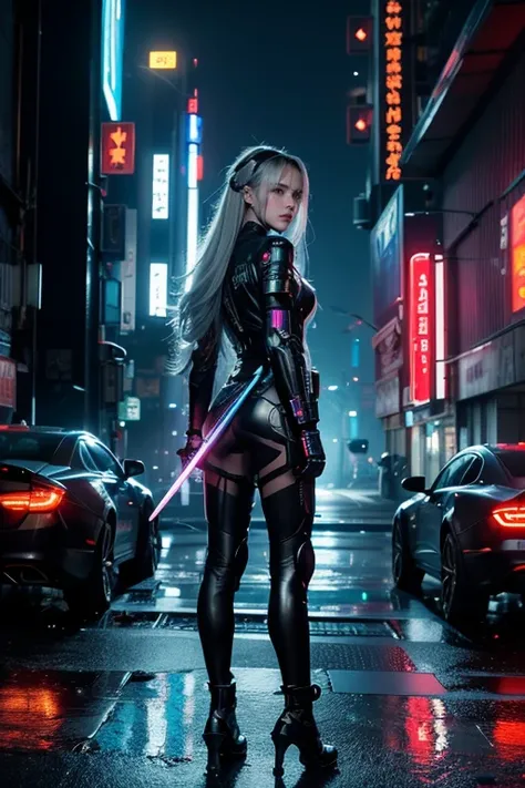 Masterpiece，best quality,ultra-detailed,photorealistic,robotic, 1girl,young swordswoman,slim body, holding a glowing katana,futuristic cyberpunk night city , outfit blending futuristic technology, cyberpunk city guard, katana behind his back, long hair, wh...