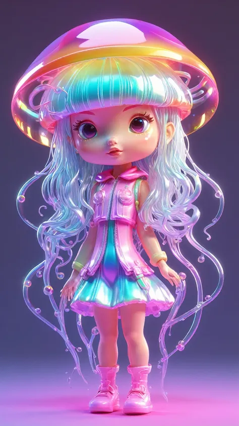 holographic,3d toy jellyfish girl,jellyfish,chibi,translucent,kawaii,bauhaus,rich and colorful,great lighting,3d,the art of math...