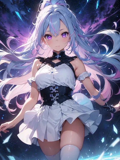 a goddess of light, (Silver blue hair streaked pink purple:1.4), (Gradient sky blue hair ends:1.6), hair strand, absurdly long hair, single sidelock, wavy hair, shiny hair, floating hair, (glowing Illusion deep purple eyes), delicate eyes, aqua eyes, High ...