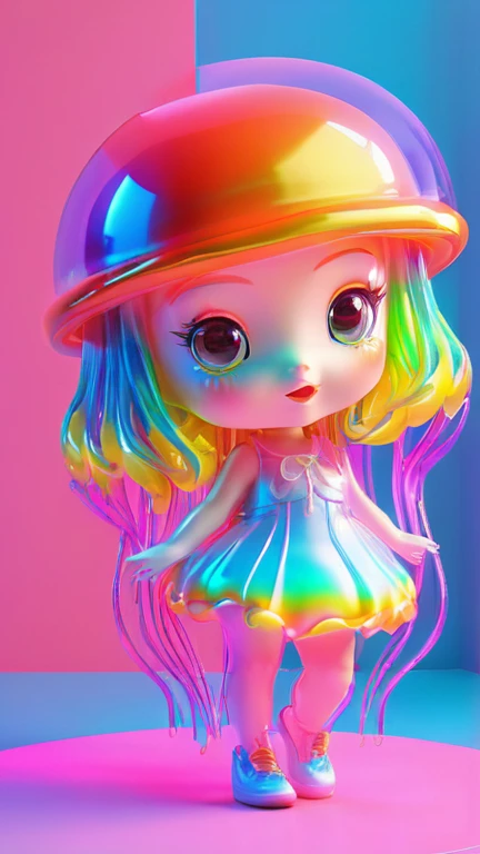 holographic,3d toy jellyfish girl,jellyfish,chibi,translucent,kawaii,Bauhaus,rich and colorful,Great lighting,3d,The art of math,Super details,Borderless,C4D,octane rendering,mixer,HD,whole body,