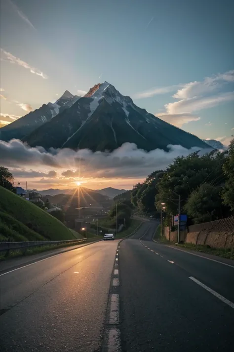 mountain views, roads, rice fields on the side of the road, sunrise. cinematic, Clockpunk, Gamercore, street level view, Blender rendering, 100mm, colorful, Medicalcore, strobe light , highly realistic, photorealistic, octane render, unreal engine, highly ...