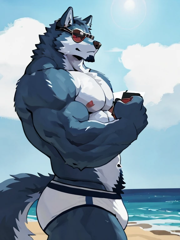 1 boy, solo, there is a blue wolf in a underwear, anthropology, wolf, hairy, blue and white fur, flex left arm muscles, korean muscle boy 2 1 years old, shirtless, the super hot and sexy, the extremely hot and sexy, robust stocky body, 30 year old man :: a...