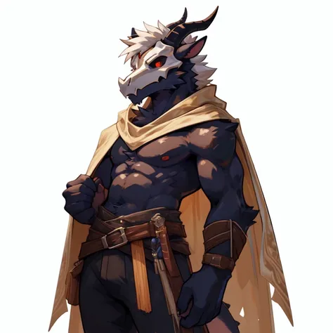 solo, goat horns, black dragon, black scalie, fully black body, black chest, goat skull mask, goat skull, skull mask, red eyes, white hair, white chest tuft, 1 boy, (pose:1.3), (posing:1.3), 4k, hi res, detailed face, 1boy, no nipples, adventurer outfit, b...