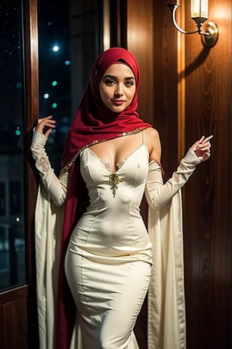 ((best quality:1.2)), ((masterpiece)), (detailed:1.2), 25 year old girl, proportional body and breasts, elegant arabic muslim mermaid gamis wedding dresses bridal gown with aesthetic hijab, chest area covered with loosely hijab, (smile:0.8), outdoor, night...