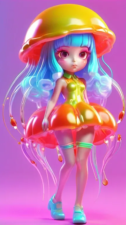 holographic,3d toy jellyfish girl,jellyfish,chibi,translucent,kawaii,Bauhaus,rich and colorful,Great lighting,3d,The art of math,Super details,Borderless,C4D,octane rendering,mixer,HD,whole body,