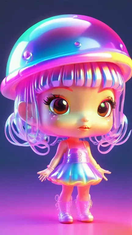 holographic,3d toy jellyfish girl,jellyfish,chibi,translucent,kawaii,Bauhaus,rich and colorful,Great lighting,3d,The art of math,Super details,Borderless,C4D,octane rendering,mixer,HD,whole body,