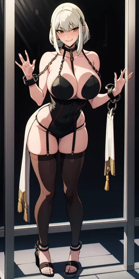 dark fantasy anime illustration of a (mature MILF BIMBO albino skin and short white hair), (FULL BODY) perfect face, wearing tight leather stealth armor, stalking, BIG KNOCKERS CLEAVAGE, lustful smirking smile red blush red cheeks, chain leash, kneeling, s...