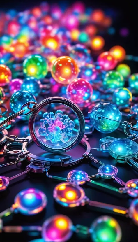 Luminous keychain, microscopic view,illustration,high resolution,Super detailed,sharp focus,bright colors,studio lighting,Zoomed view,shining light,macro lens,Molecular,translucent,luminescent,miniature,neon light glow